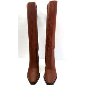 Nine West Women Zazz Tall Wide Calf Leather Dress Boots Caramel Leather 8.5M NWT